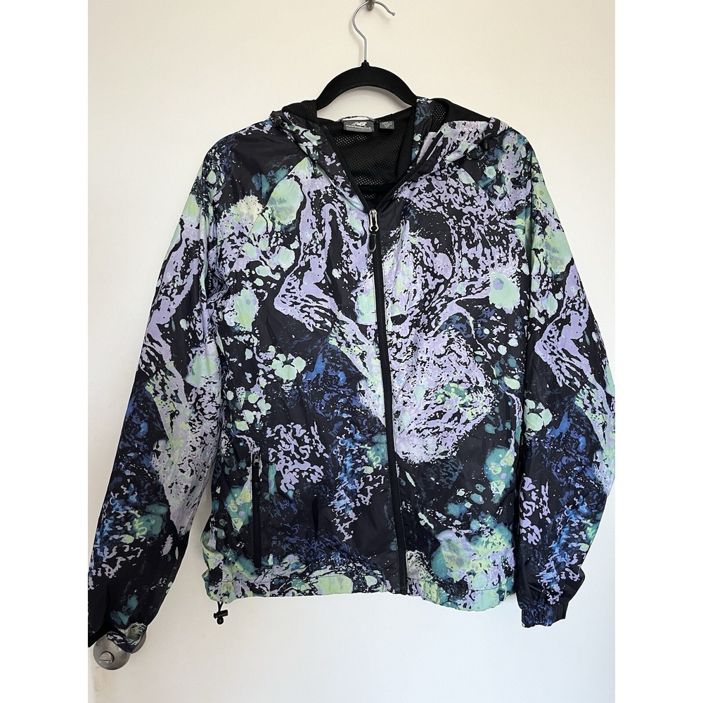 New Balance Womens Zip Up Jacket Lg Light Weight Blue Purple Abstract Print I09